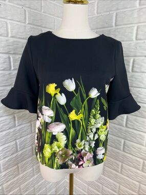 VICTORIA BECKHAM FOR TARGET FLOWER PHOTO PRINT BLOUSE RUFFLE SLEEVE SZ XS